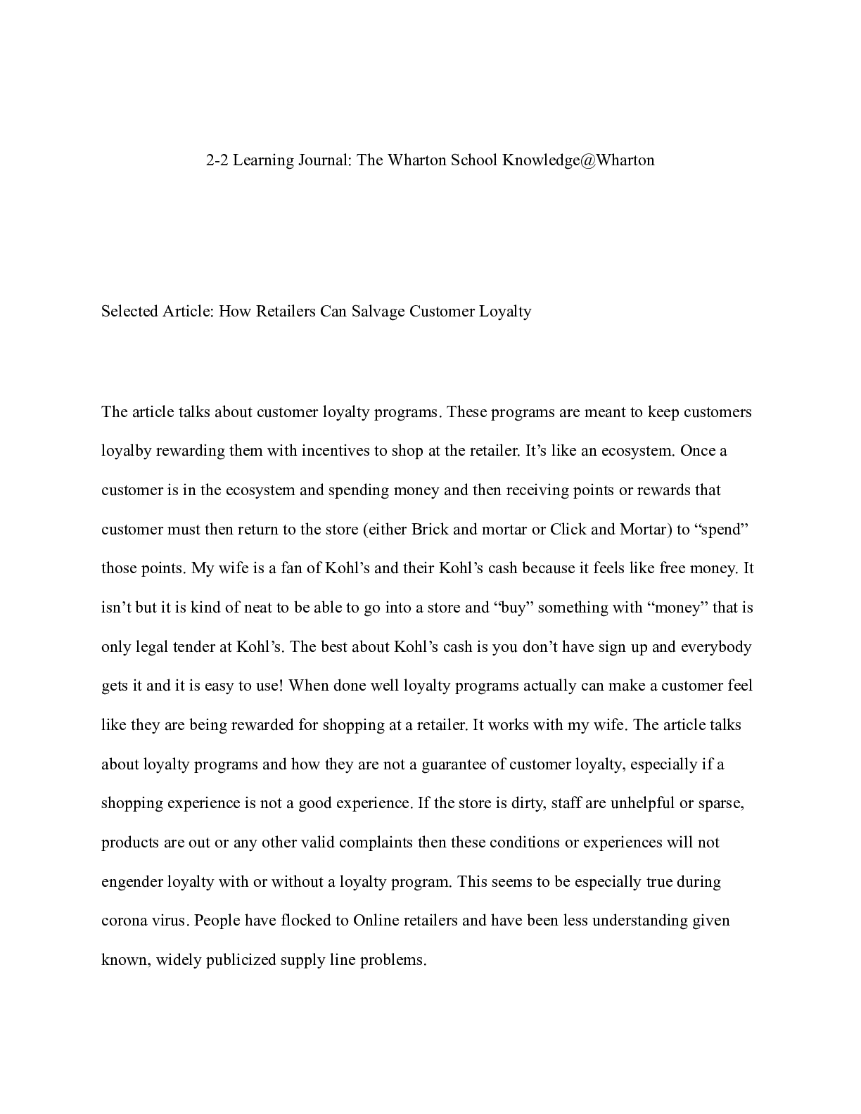 Preview image for Learning Journal|    2-2 Learning Journal: The Wharton School Knowledge@Wharton  Selec